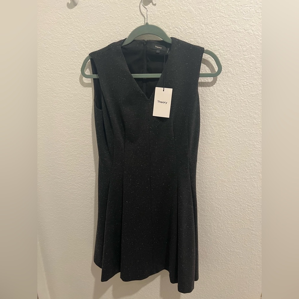 NWT - Theory Dark Grey Tweed Sleeveless Flare Dress w/Pockets